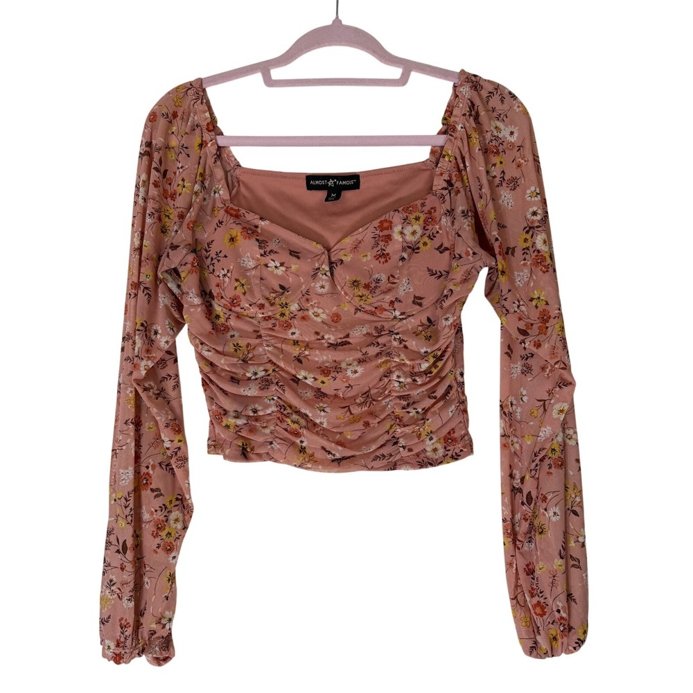 Almost Famous Peach Floral Long Sleeve Semi Sheer Sweetheart Blouse Top Size M